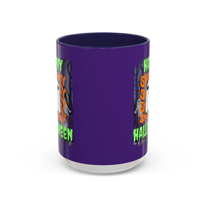 Spooky Happy Halloween Ghost Green font Purple Accent Mug by CreepyCrafts.boo