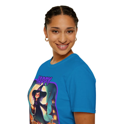 Happy Halloween Little Witch Purple font, Dark colors, Unisex T-Shirt by CreepyCrafts.boo