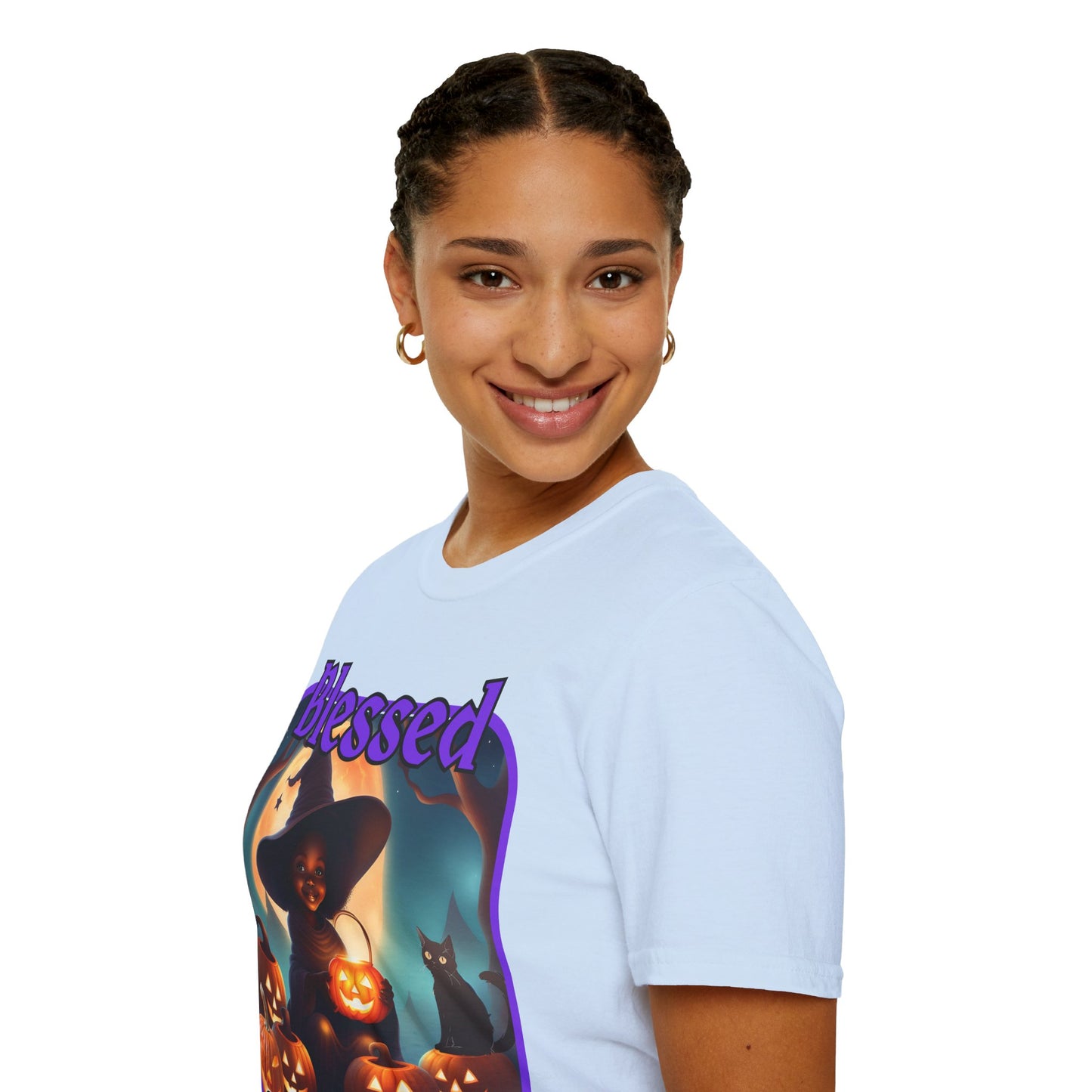Blessed Samhain Cute Witch Purple font Light colors Unisex T-Shirt by CreepyCrafts.boo