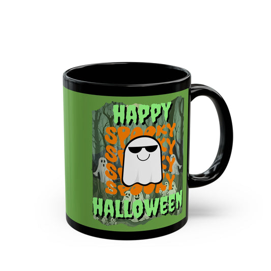 Spooky Happy Halloween Ghost Green font Green Mug by CreepyCrafts.boo
