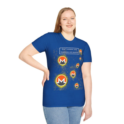 Monero (XMR) don't assume your freedoms are assured Dark colors Unisex T-Shirt by cypherpunkgear.com