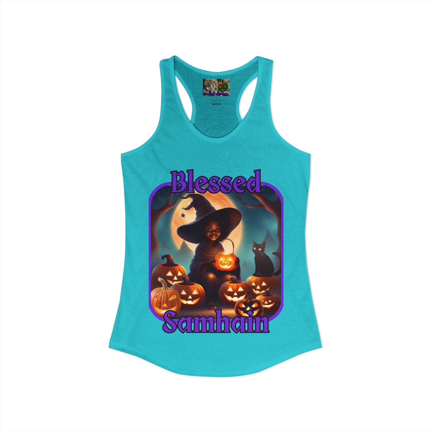 Blessed Samhain Cute Witch Purple font Women's Racerback Tank Top by CreepyCrafts.boo