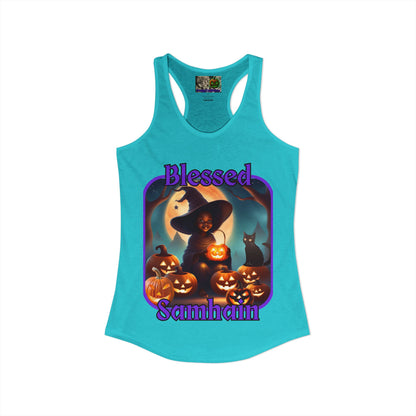 Blessed Samhain Cute Witch Purple font Women's Racerback Tank Top by CreepyCrafts.boo
