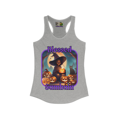 Blessed Samhain Cute Witch Purple font Women's Racerback Tank Top by CreepyCrafts.boo