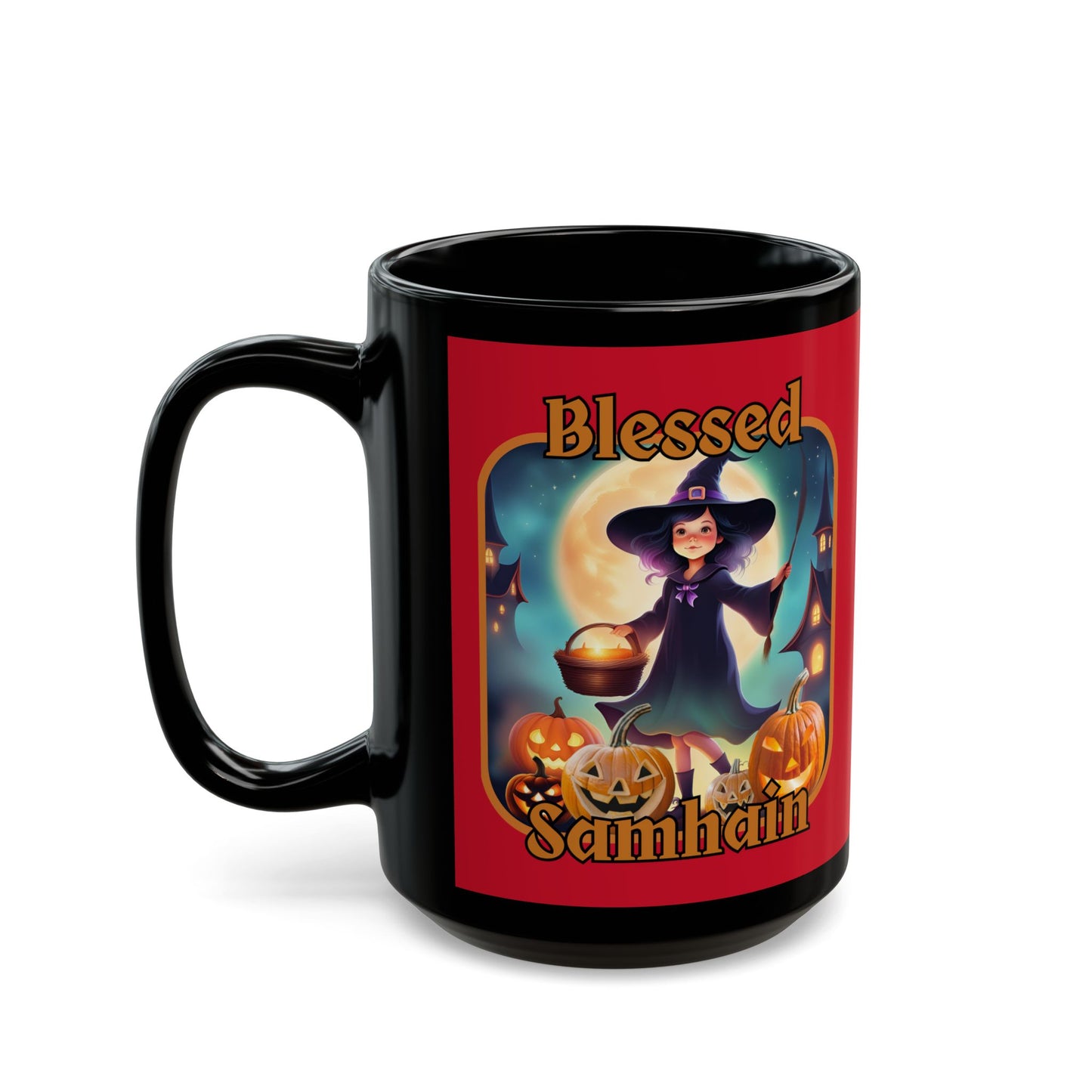 Blessed Samhain Little Witch Orange font Red Mug by CreepyCrafts.boo