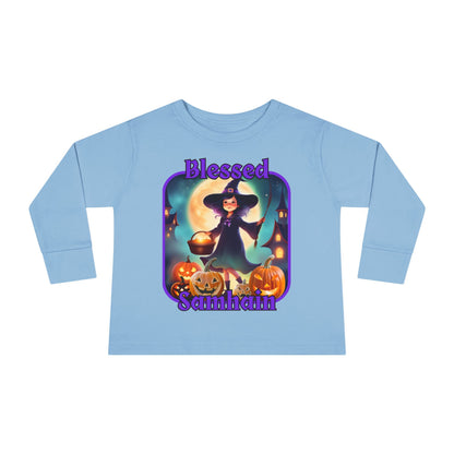Blessed Samhain Little Witch Purple font Toddler Long Sleeve Tee by CreepyCrafts.boo