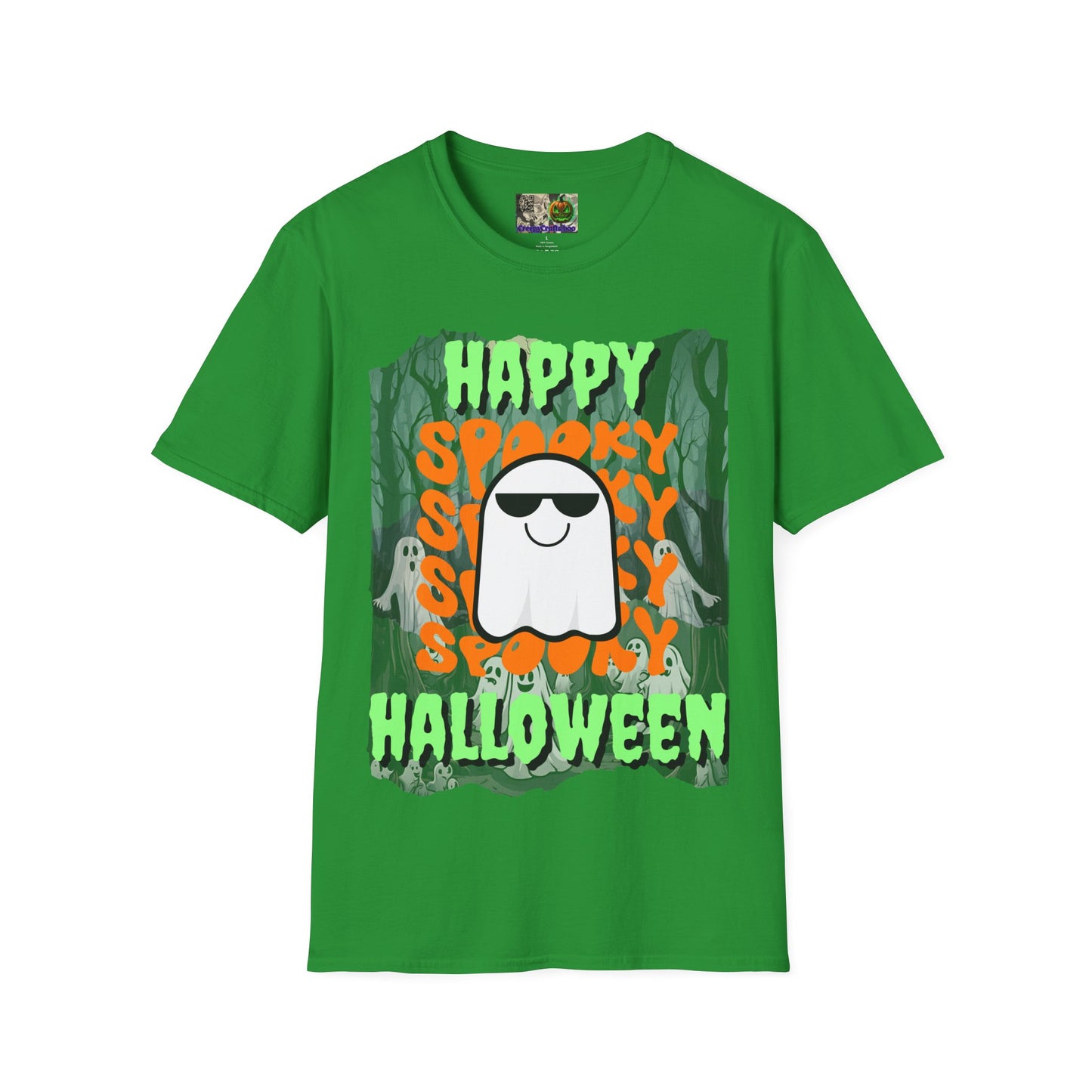 Spooky Happy Halloween Ghost Dark colors Green font Unisex T-Shirt by CreepyCrafts.boo