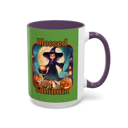 Blessed Samhain Little Witch Orange font Green Accent Mug by CreepyCrafts.boo