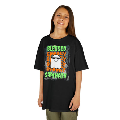 Spooky Blessed Samhain Ghost Green font Kids Heavy Cotton™ Tee by CreepyCrafts.boo