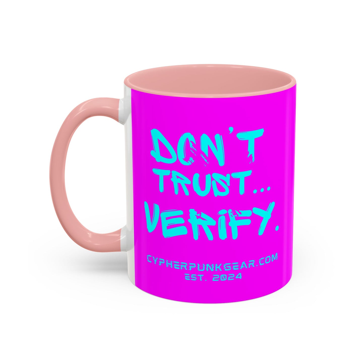 Don't Trust...Verify. Electric Magenta Accent Mug by cypherpunkgear.com