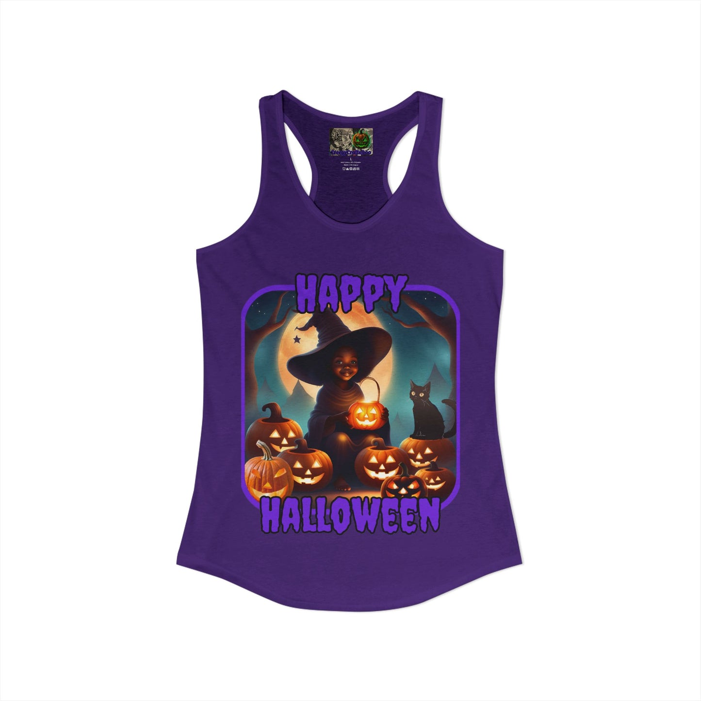 Happy Halloween Cute Witch Purple font Women's Racerback Tank Top by CreepyCrafts.boo