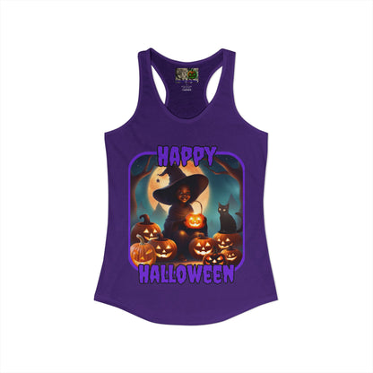 Happy Halloween Cute Witch Purple font Women's Racerback Tank Top by CreepyCrafts.boo