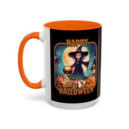 Happy Halloween Little Witch Orange font Black Accent Mug by CreepyCrafts.boo