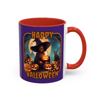 Happy Halloween Cute Witch Orange font Purple Accent Mug by CreepyCrafts.boo
