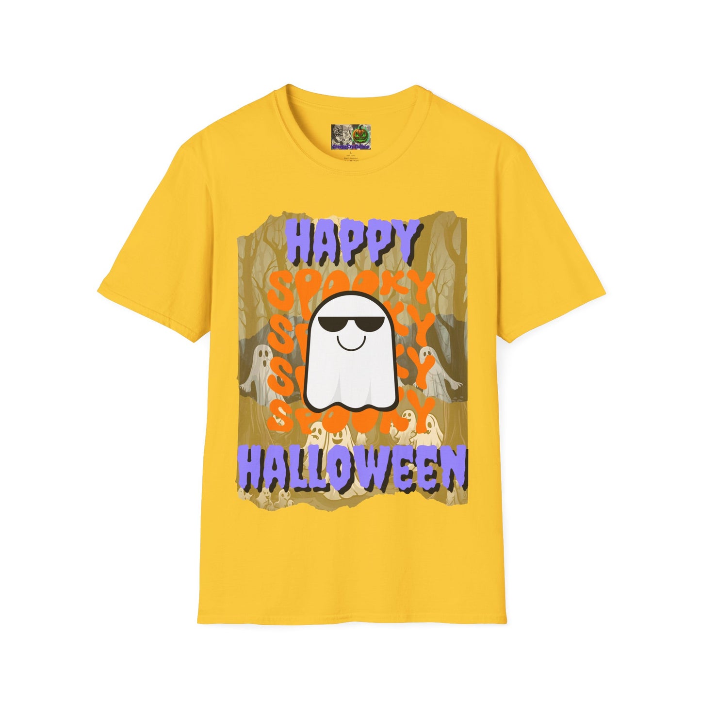 Spooky Happy Halloween Ghost Light colors Purple font Unisex T-Shirt by CreepyCrafts.boo