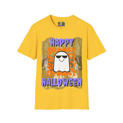 Spooky Happy Halloween Ghost Light colors Purple font Unisex T-Shirt by CreepyCrafts.boo