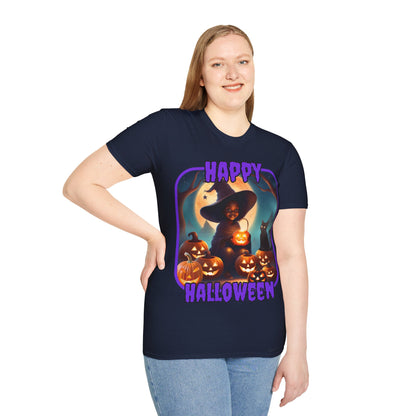 Happy Halloween Cute Witch Purple font Dark colors Unisex T-Shirt by CreepyCrafts.boo