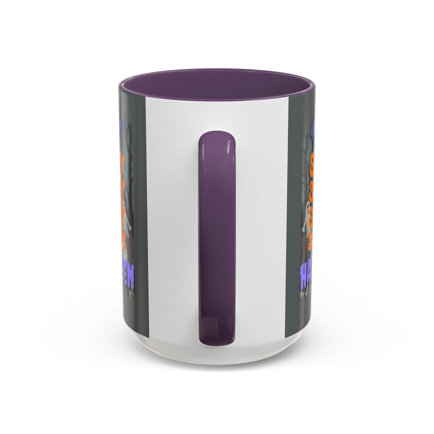 Spooky Happy Halloween Ghost Purple font Grey Accent Mug by CreepyCrafts.boo