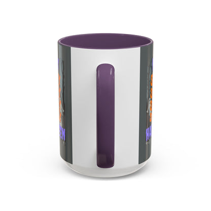 Spooky Happy Halloween Ghost Purple font Grey Accent Mug by CreepyCrafts.boo