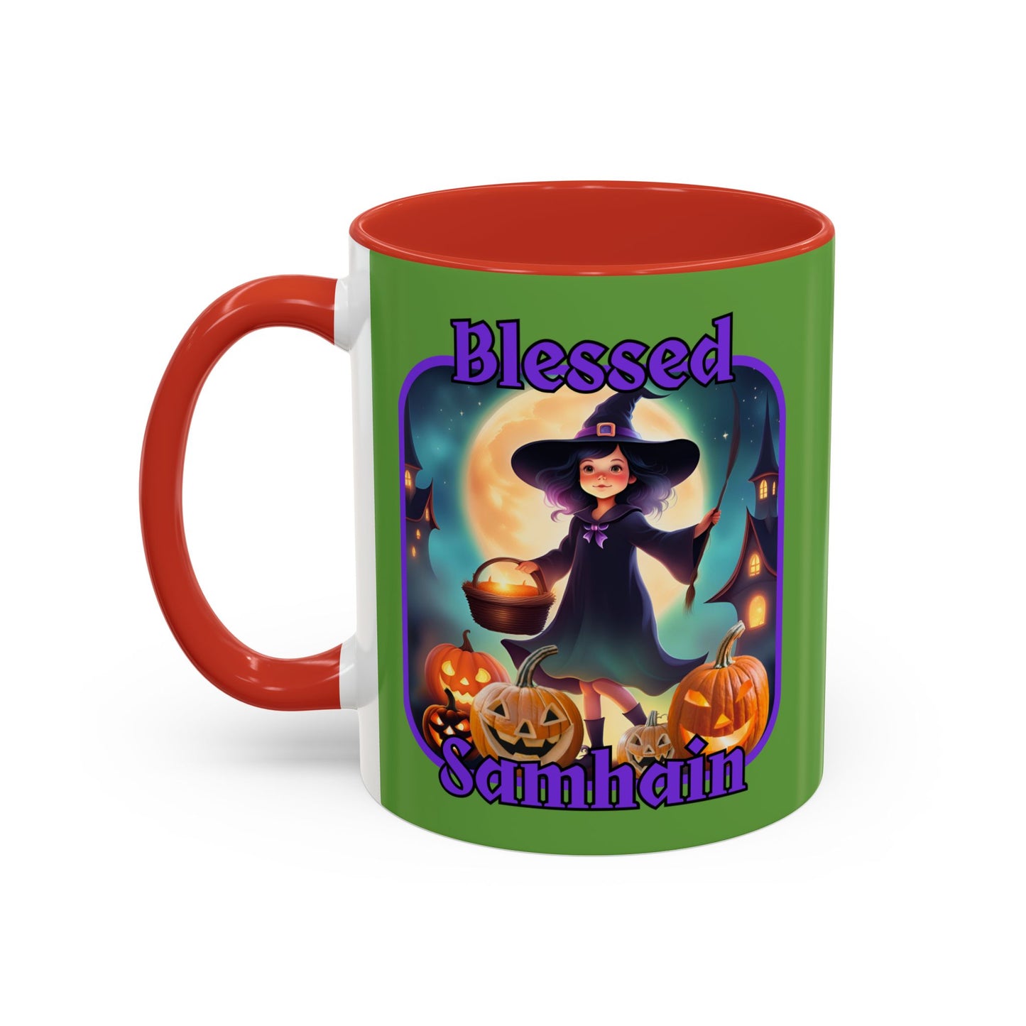 Blessed Samhain Little Witch Purple font Green Accent Mug by CreepyCrafts.boo