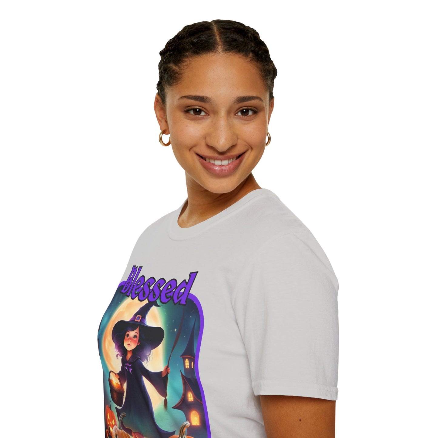 Blessed Samhain Little Witch Purple font Light colors Unisex T-Shirt by CreepyCrafts.boo