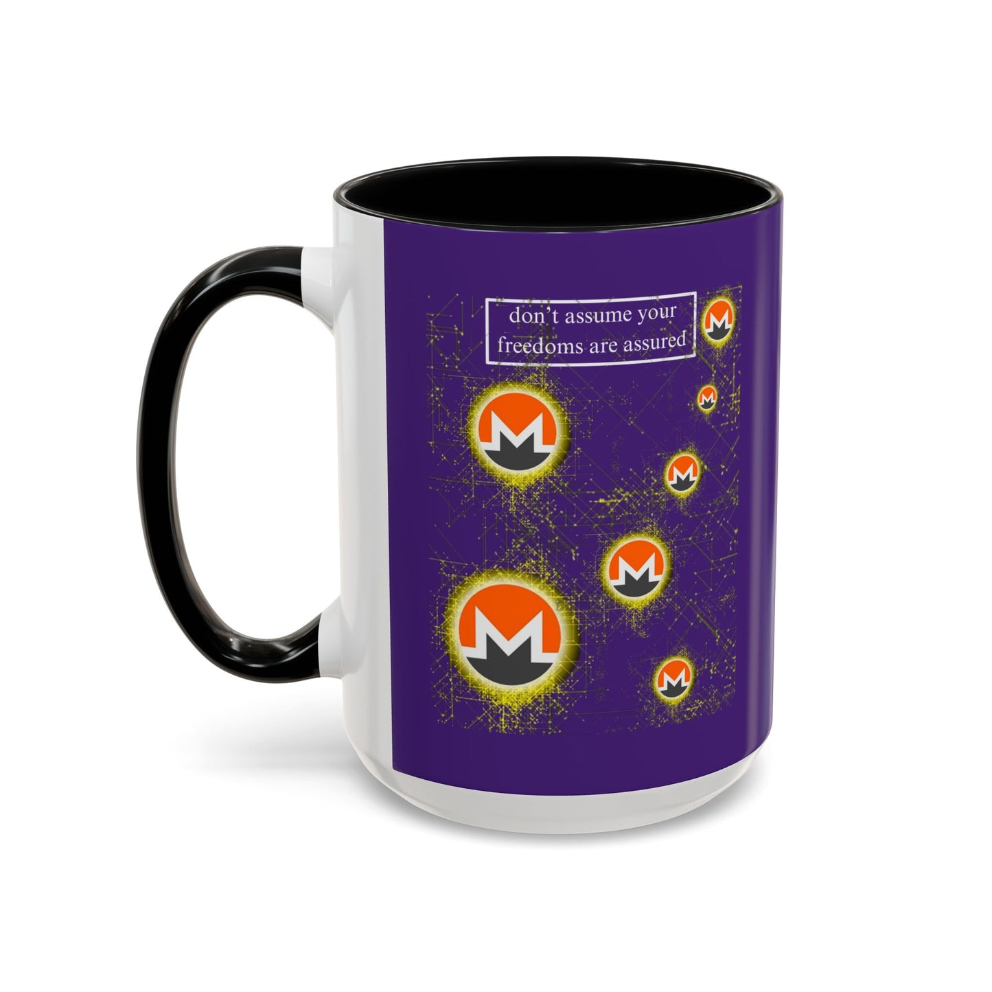 Monero (XMR) don't assume your freedoms are assured Purple Accent Mug by cypherpunkgear.com