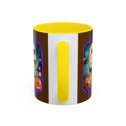 Blessed Samhain Little Witch Purple font Brown Accent Mug by CreepyCrafts.boo