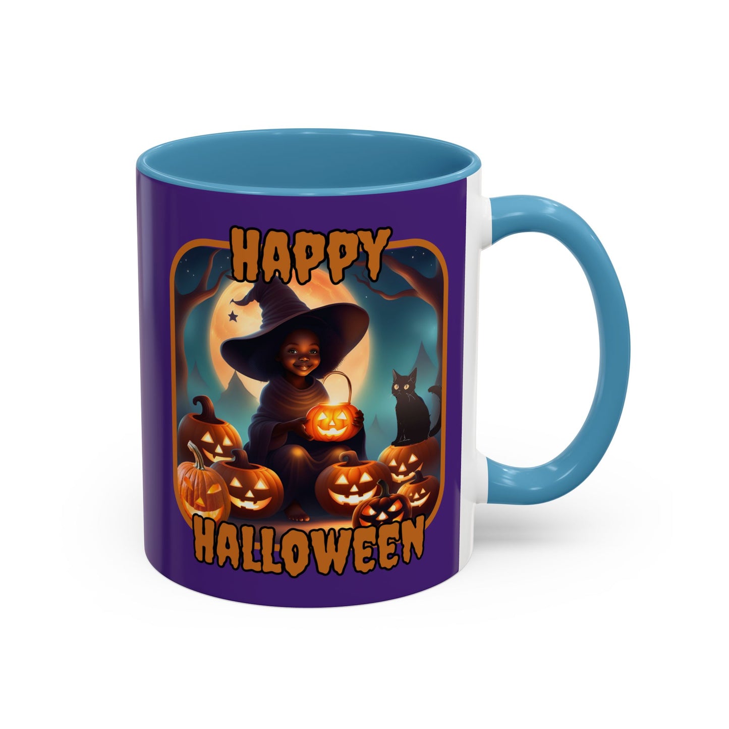 Happy Halloween Cute Witch Orange font Purple Accent Mug by CreepyCrafts.boo