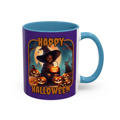 Happy Halloween Cute Witch Orange font Purple Accent Mug by CreepyCrafts.boo