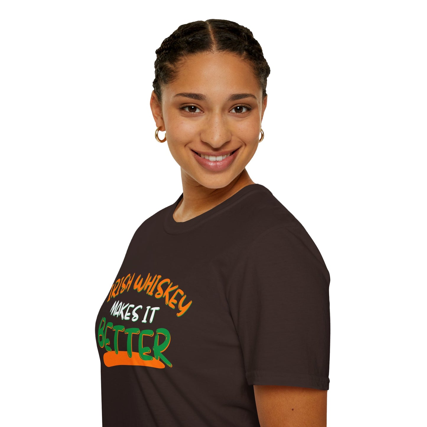 Irish Whiskey makes it better Orange, White, and Green font Dark colors Unisex T-Shirt by cypherpunkgear.com