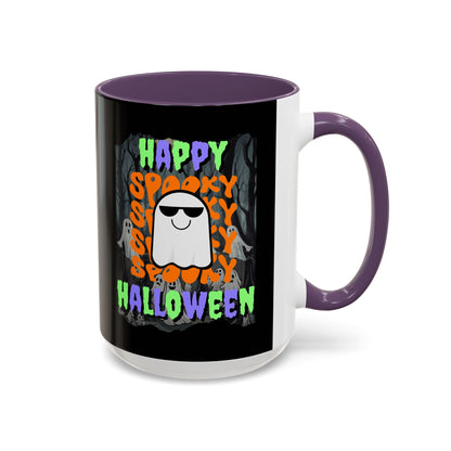 Spooky Happy Halloween Ghost Mixed font Black Accent Mug by CreepyCrafts.boo