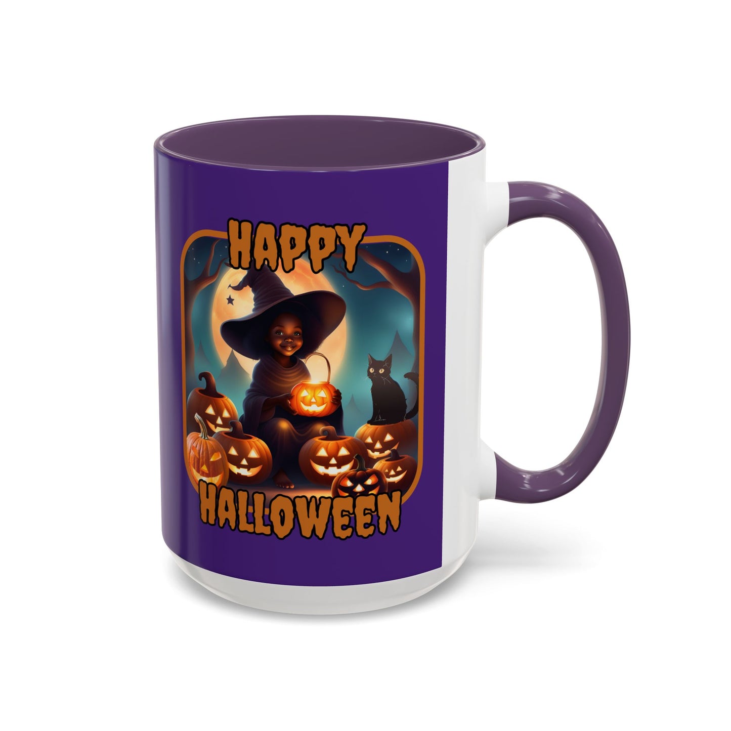 Happy Halloween Cute Witch Orange font Purple Accent Mug by CreepyCrafts.boo