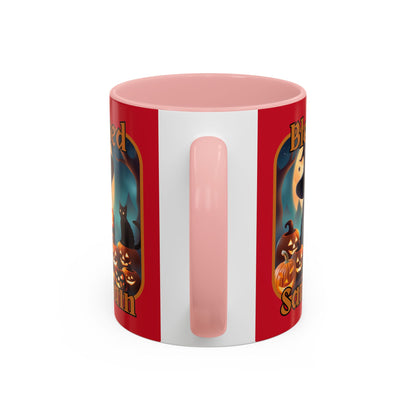 Blessed Samhain Cute Witch Orange font Red Accent Mug by CreepyCrafts.boo