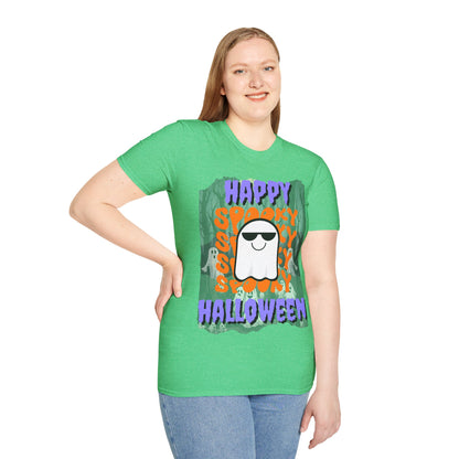 Spooky Happy Halloween Ghost Dark colors Purple font Unisex T-Shirt by CreepyCrafts.boo