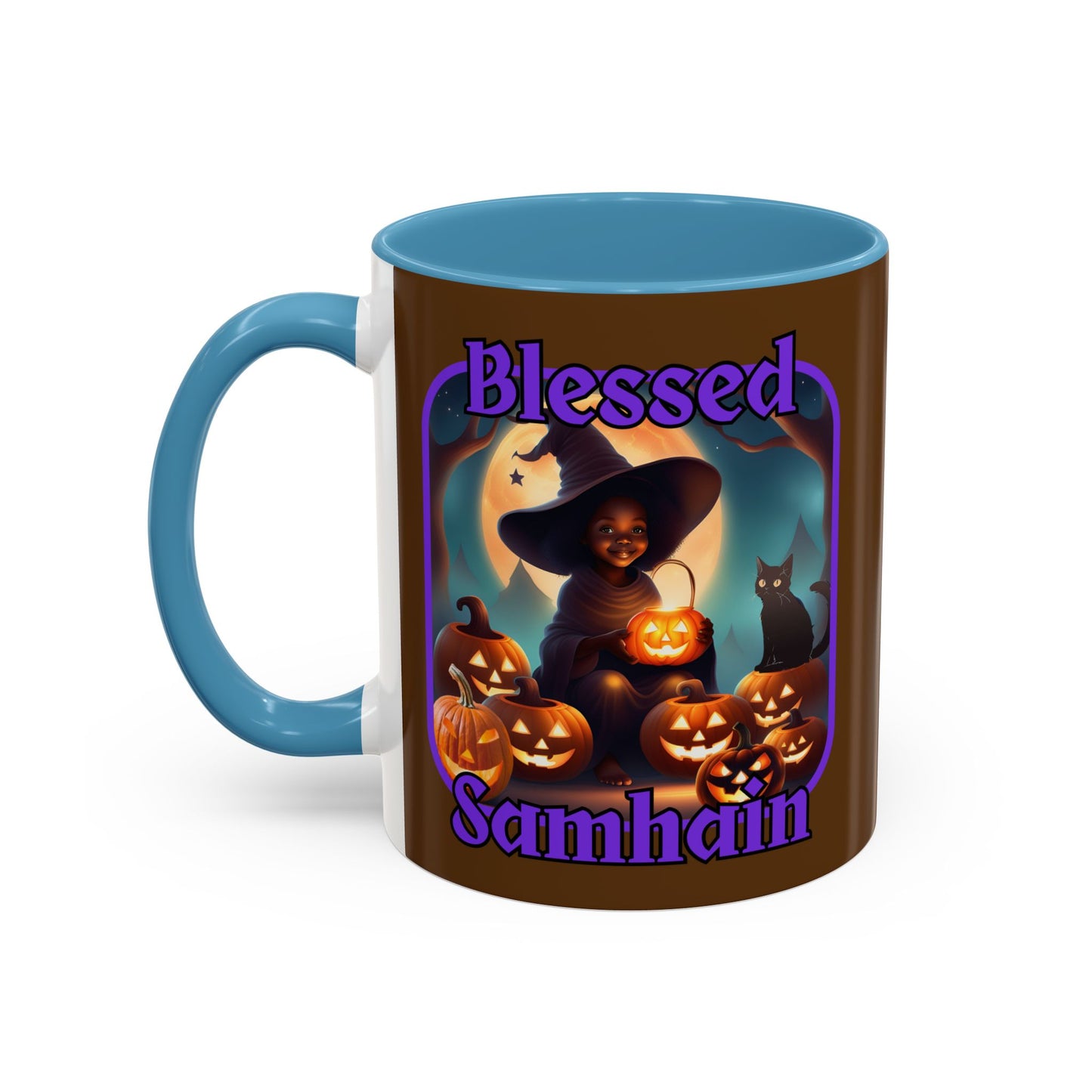Blessed Samhain Cute Witch Purple font Brown Accent Mug by CreepyCrafts.boo