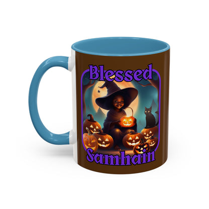 Blessed Samhain Cute Witch Purple font Brown Accent Mug by CreepyCrafts.boo