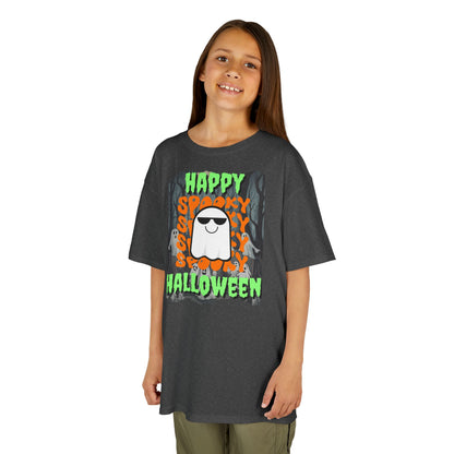 Spooky Happy Halloween Ghost Green font Kids Heavy Cotton™ Tee by CreepyCrafts.boo