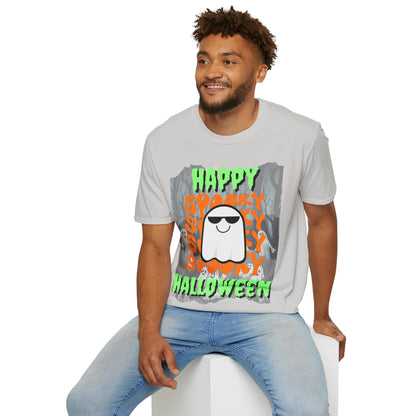 Spooky Happy Halloween Ghost Light colors Green font Unisex T-Shirt by CreepyCrafts.boo