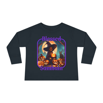 Blessed Samhain Cute Witch Purple font Toddler Long Sleeve Tee by CreepyCrafts.boo