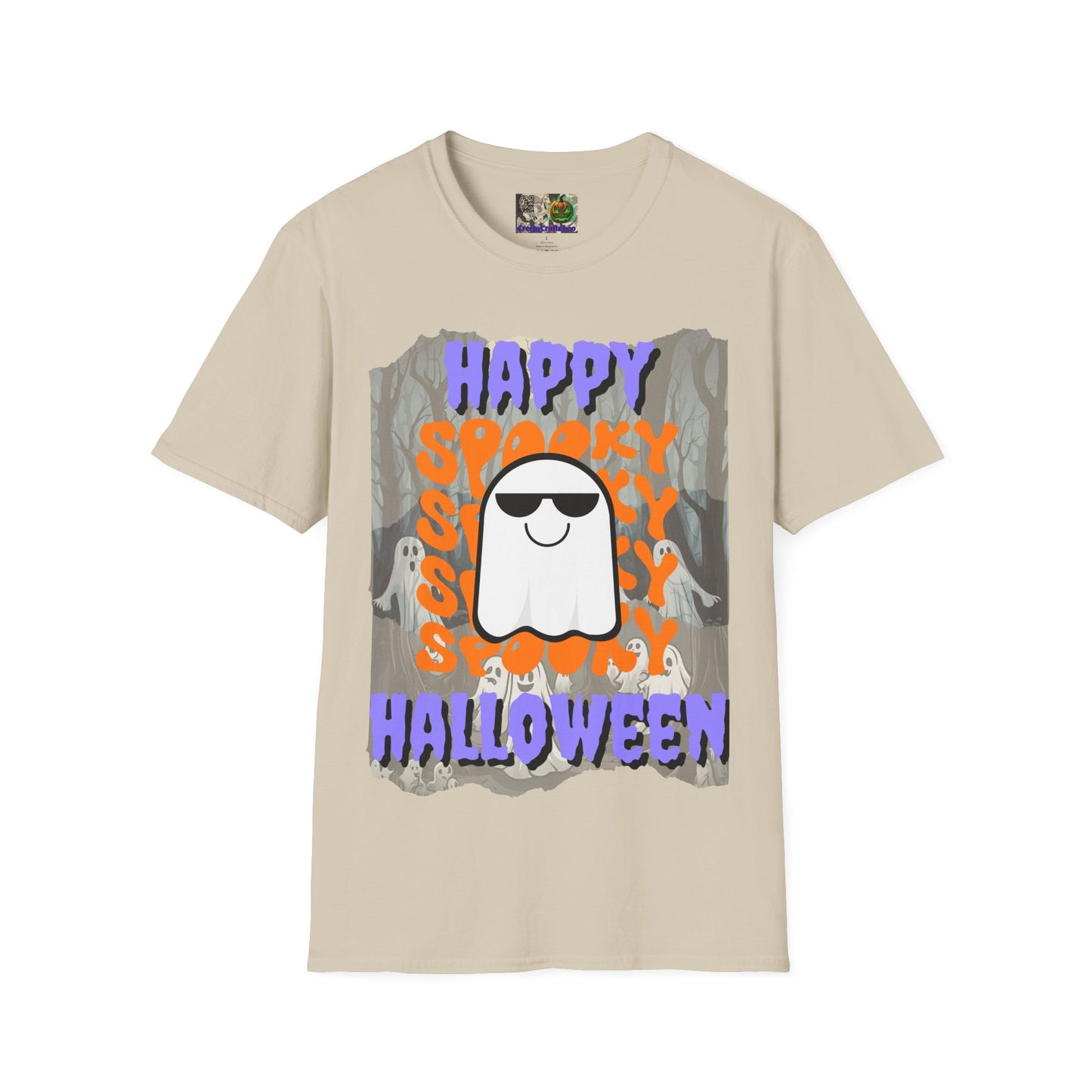 Spooky Happy Halloween Ghost Light colors Purple font Unisex T-Shirt by CreepyCrafts.boo
