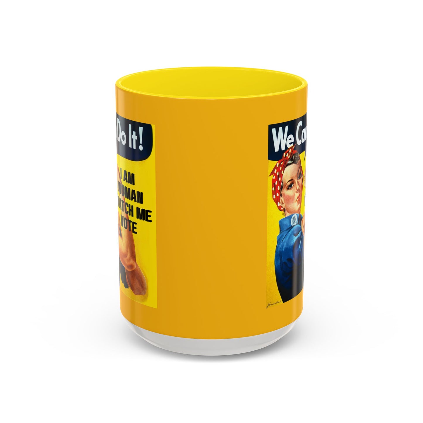 I Am Woman Watch Me Vote Rosie Yellow Accent Mug by cypherpunkgear.com