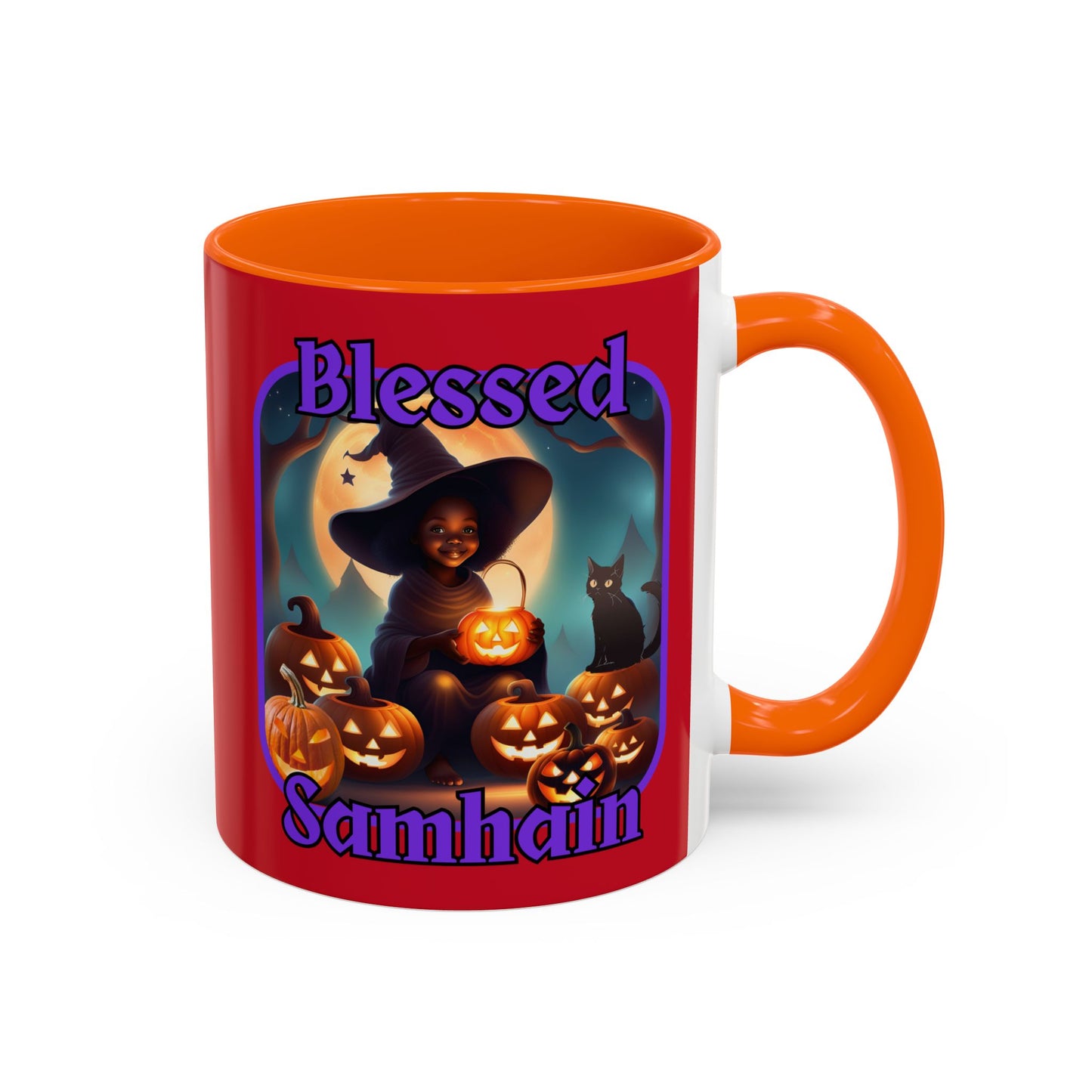 Blessed Samhain Cute Witch Purple font Red Accent Mug by CreepyCrafts.boo