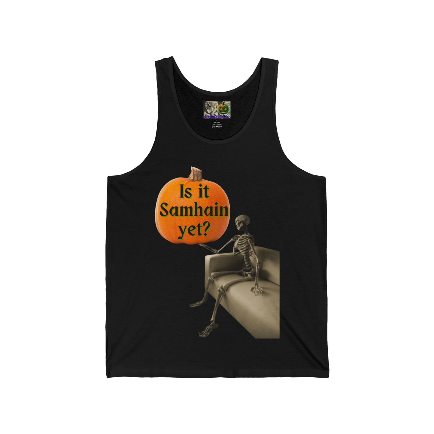 Is it Samhain yet? Skeleton's Pumpkin Unisex Jersey Tank Top by CreepyCrafts.boo