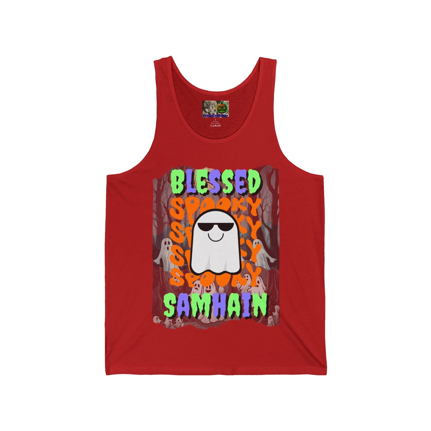 Spooky Blessed Samhain Ghost Mixed font Unisex Jersey Tank Top by CreepyCrafts.boo