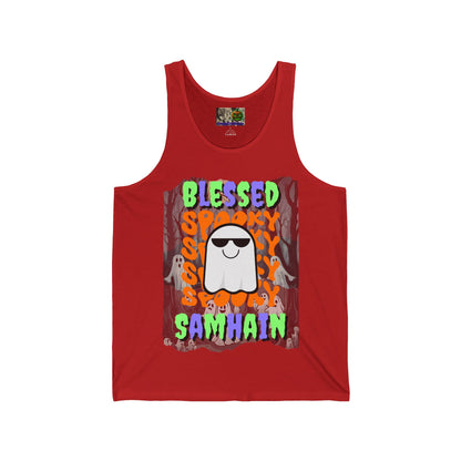 Spooky Blessed Samhain Ghost Mixed font Unisex Jersey Tank Top by CreepyCrafts.boo