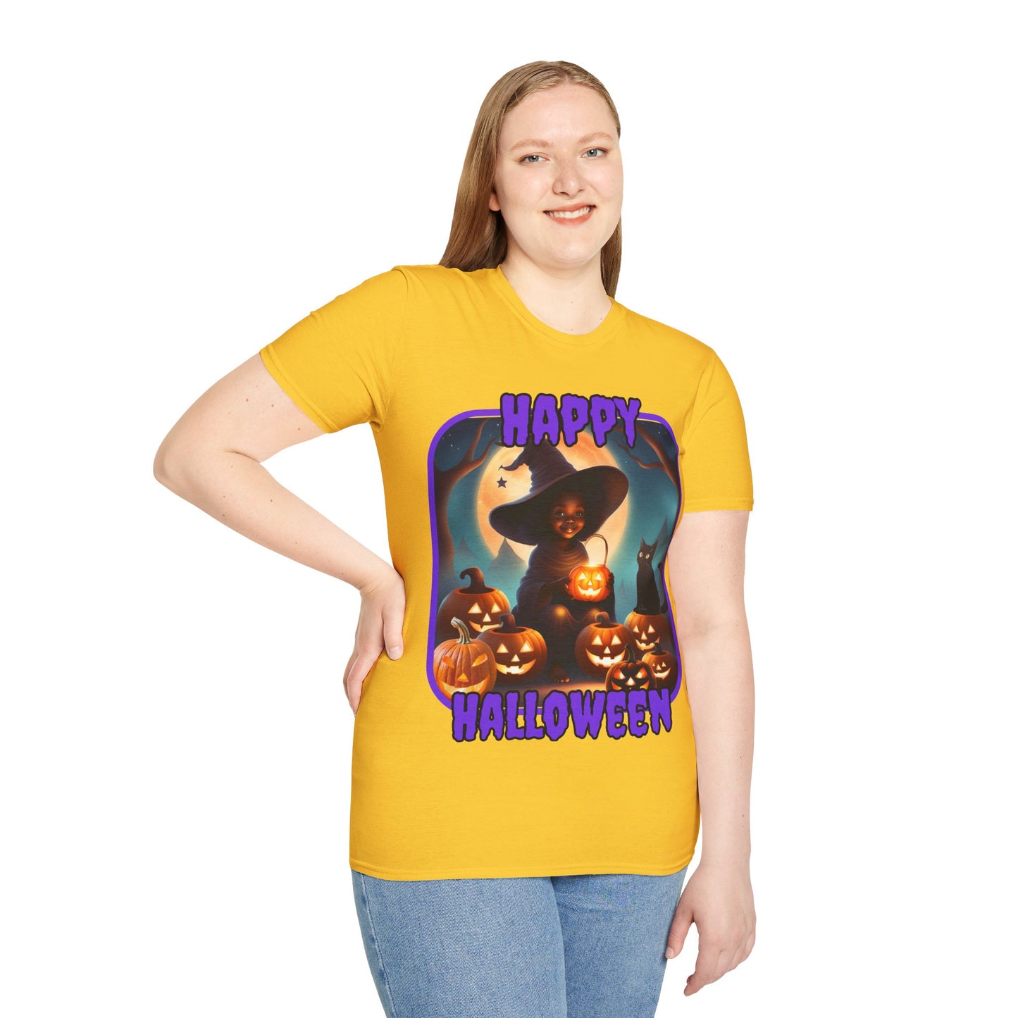 Happy Halloween Cute Witch Purple font Light colors Unisex T-Shirt by CreepyCrafts.boo