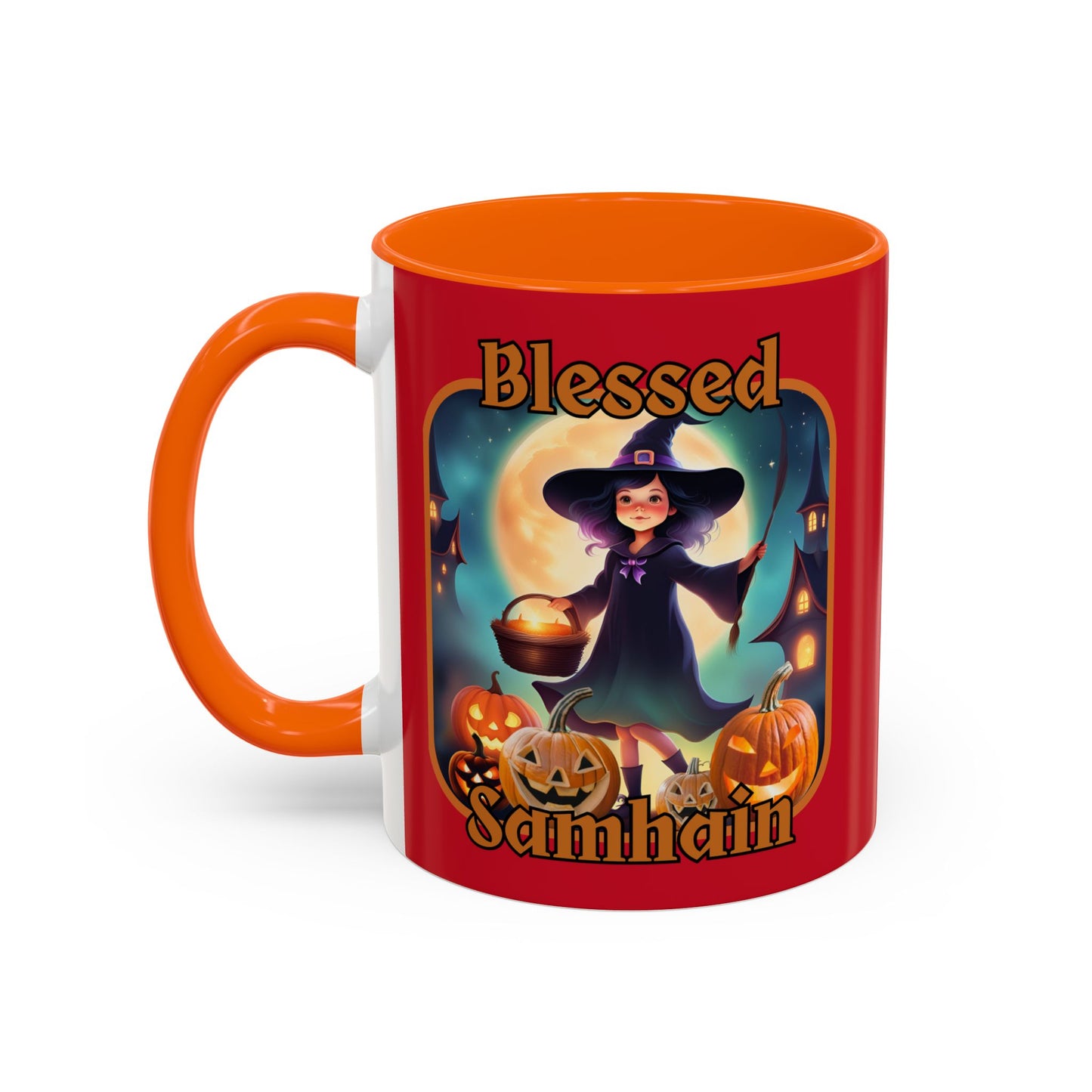 Blessed Samhain Little Witch Orange font Red Accent Mug by CreepyCrafts.boo