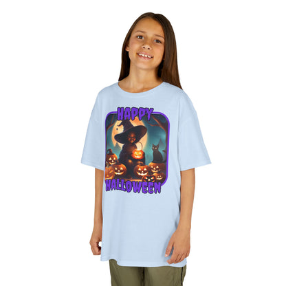 Happy Halloween Cute Witch Purple font Kids Heavy Cotton™ Tee by CreepyCrafts.boo