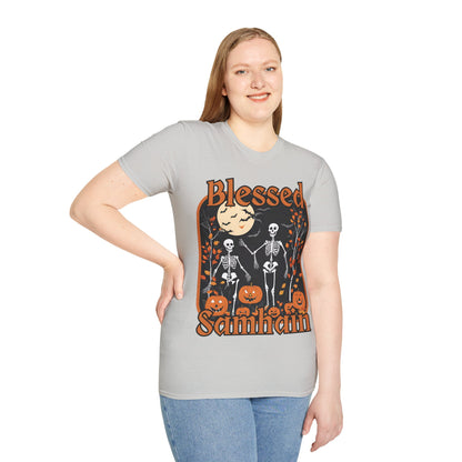 Spooktacular Skeletons of Samhain Light colors Unisex T-Shirt by CreepyCrafts.boo
