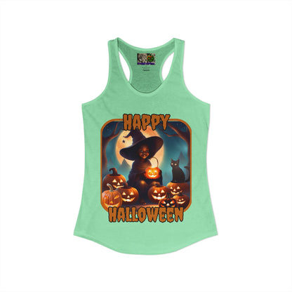 Happy Halloween Cute Witch Orange font Women's Racerback Tank Top by CreepyCrafts.boo